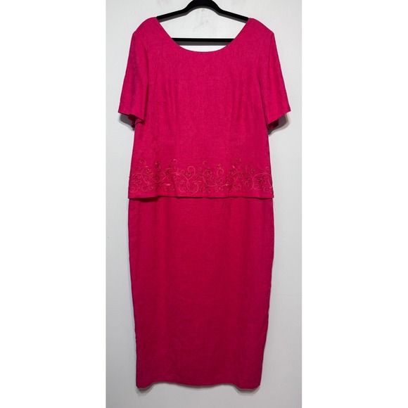 Vintage Woman Pink Embroidered Tiered Dress‎ Size 16W Mother Bride Linen Blend - Picture 1 of 6